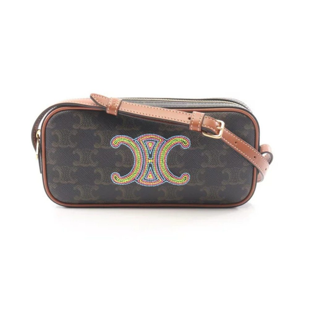 Celine Cuir Triomphe Camera Bag Shoulder Canvas Leather Multicolor Black Brown
